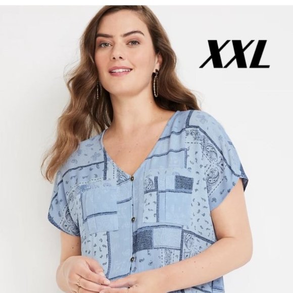 2/$25 PAISLEY PATCHWORK BUTTON Up BLOUSE with short sleeves Summer Shirt - Picture 1 of 3